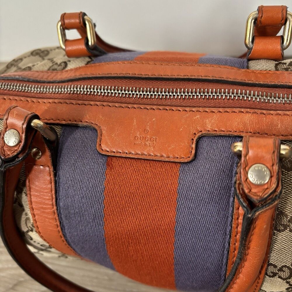 GUCCI Purse Monogram Vintage Web Small Boston Orange Blue Shoulder Bag Rare - Picture 3 of 16